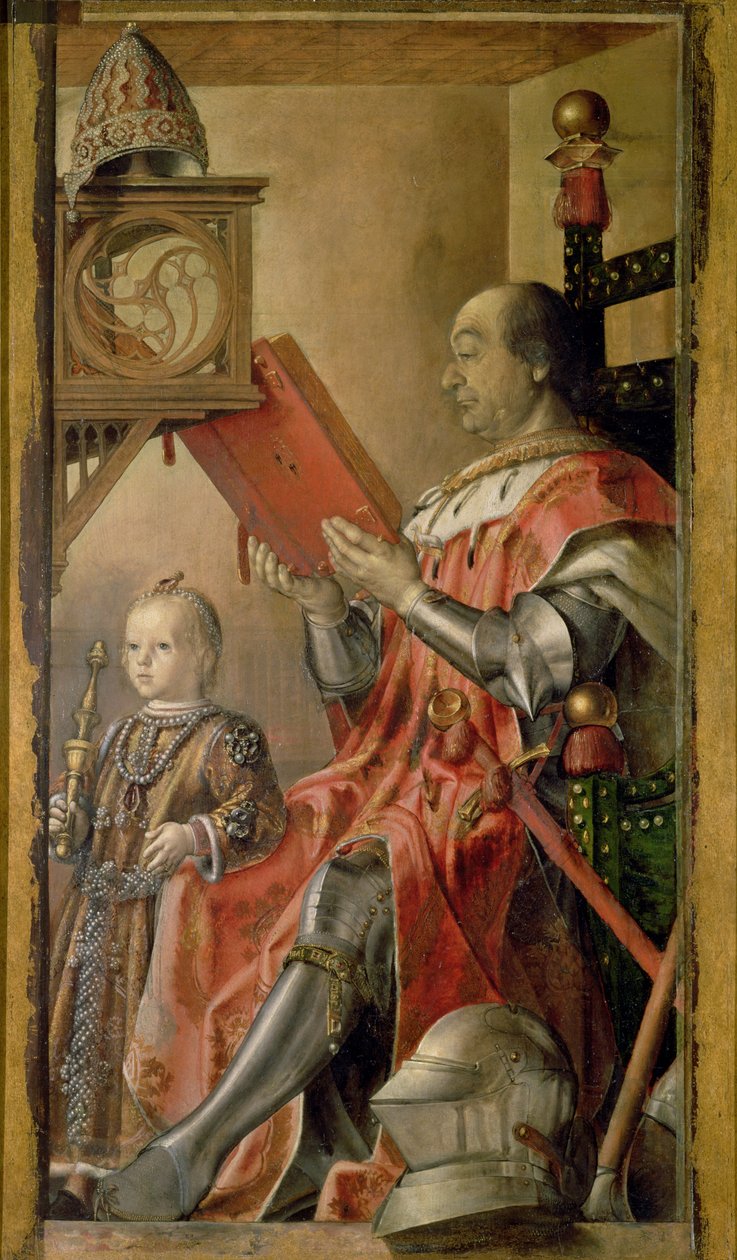 Portret van Federigo da Montefeltro, Hertog van Urbino (1422-82) en zijn zoon Guidobaldo (d.1508) door Pedro Berruguete