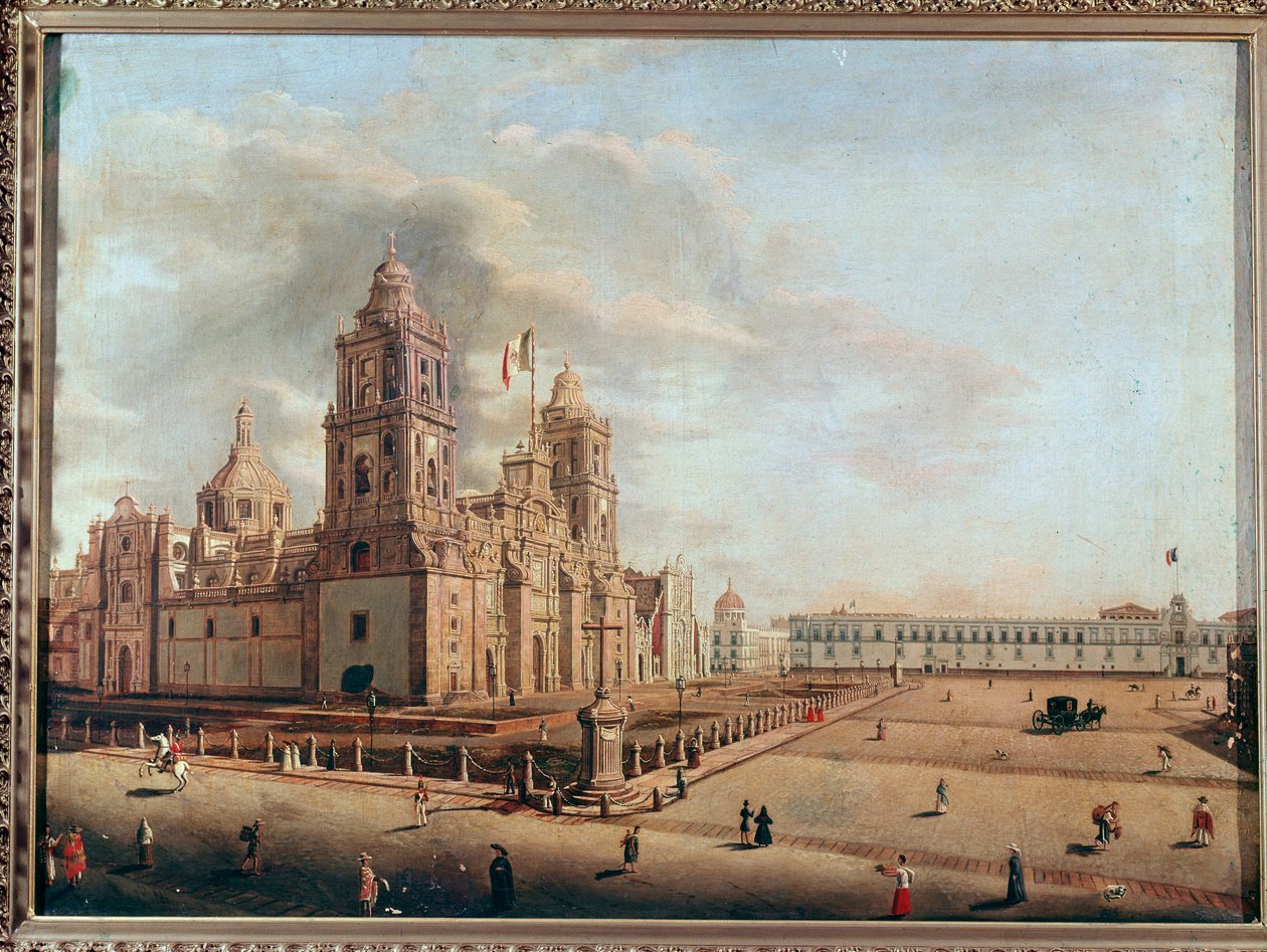 Uitzicht op de Metropolitan Cathedral en het Nationaal Paleis, Mexico-Stad door Pedro Gualdi