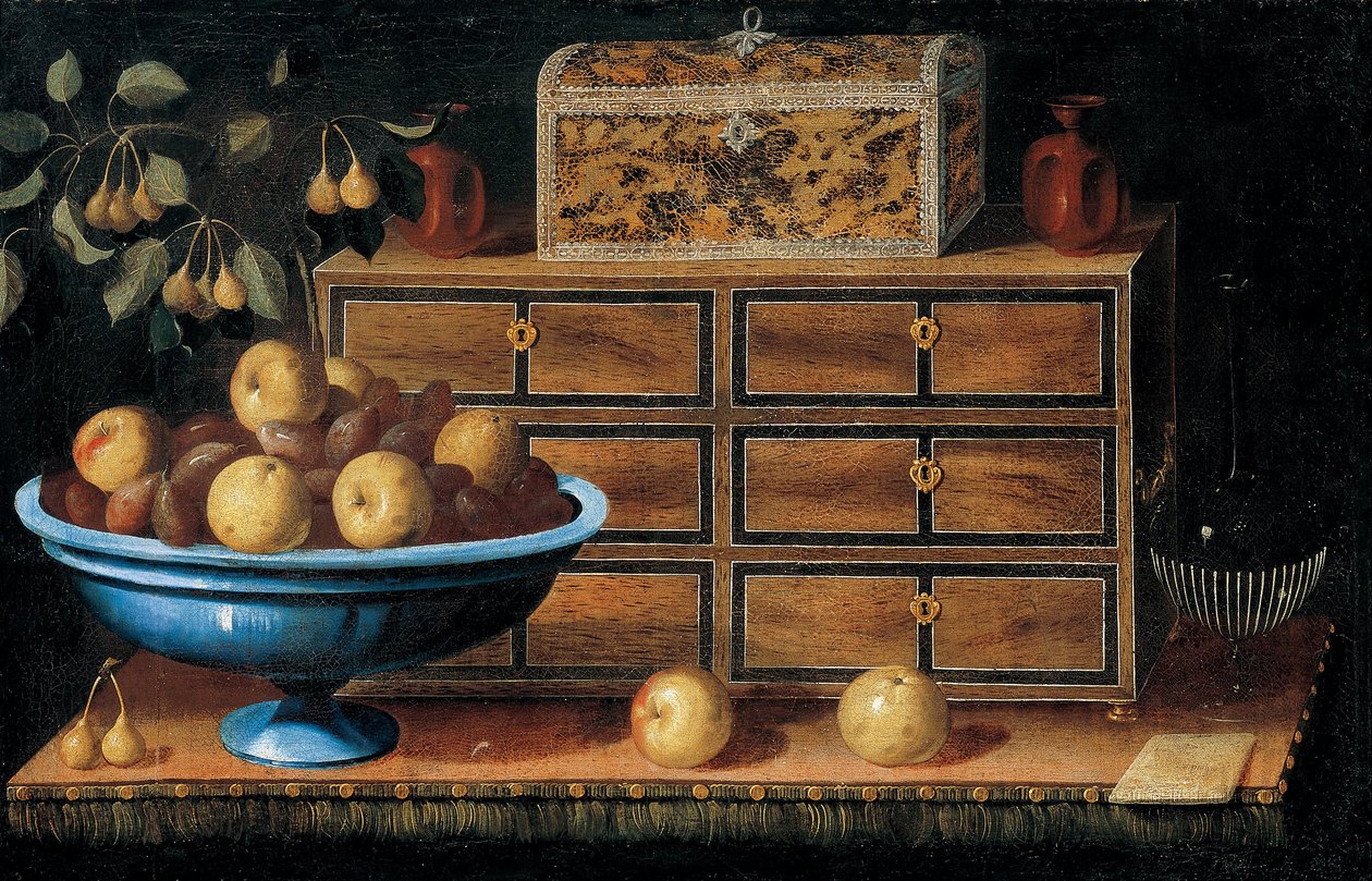 Schrijftafel met een kleine kist en een fruitschaal door Pedro de Camprobín