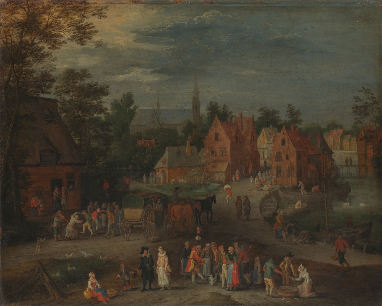 Dorp met een poppenspeler die een kleine menigte entertaint door Peeter (1621-91) Gijsels