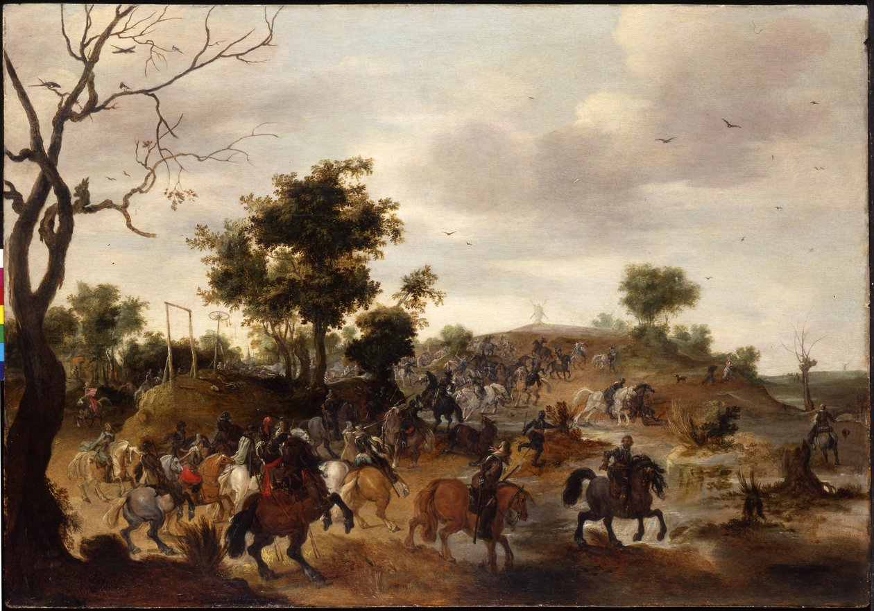 Landschap met een cavaleriegevecht, galg en een windmolen op de achtergrond door Peeter Snayers