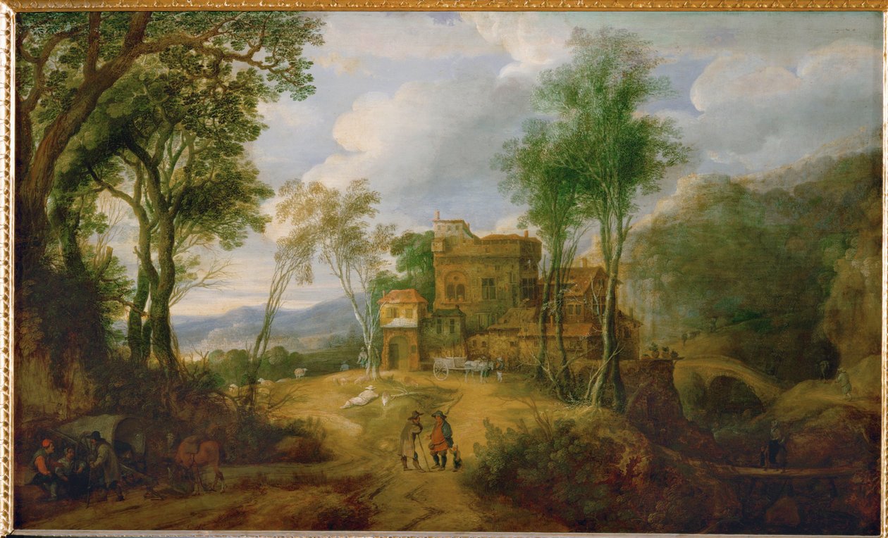 Berglandschap met kasteel (schilderij op eikenhout) door Peeter Snayers