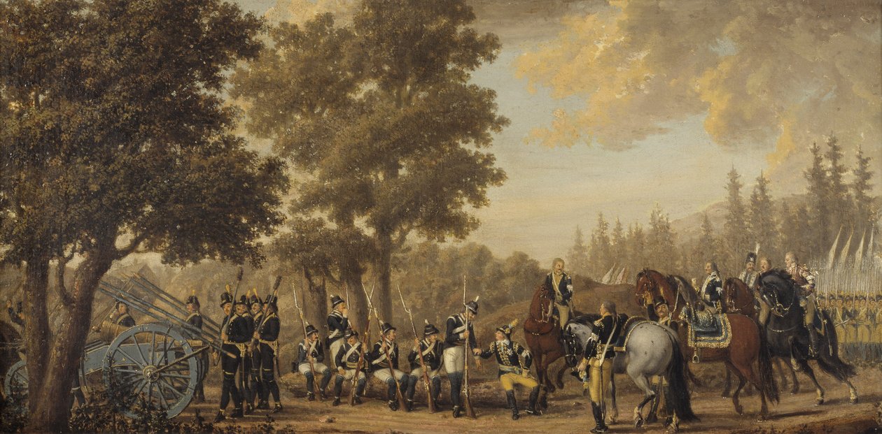 Koning Gustav III van Zweden & een Soldaat, Episode uit de Russische Oorlog door Pehr Hilleström