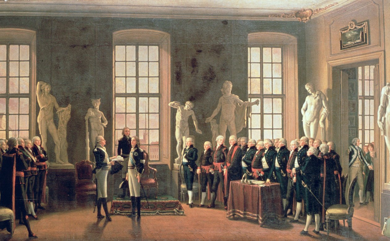 Bezoek van Gustav IV Adolf aan de Academie voor Schone Kunsten in 1797 door Pehr Hilleström