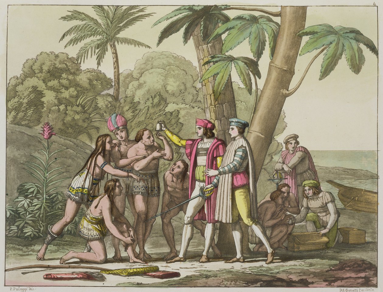 Christoffel Columbus met inheemse Amerikanen, uit 