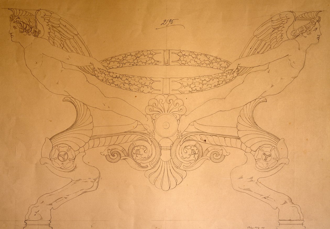 Tekening van hoefvormige kruk met poten, ca. 1837 (tekening) door Pelagio Palagi