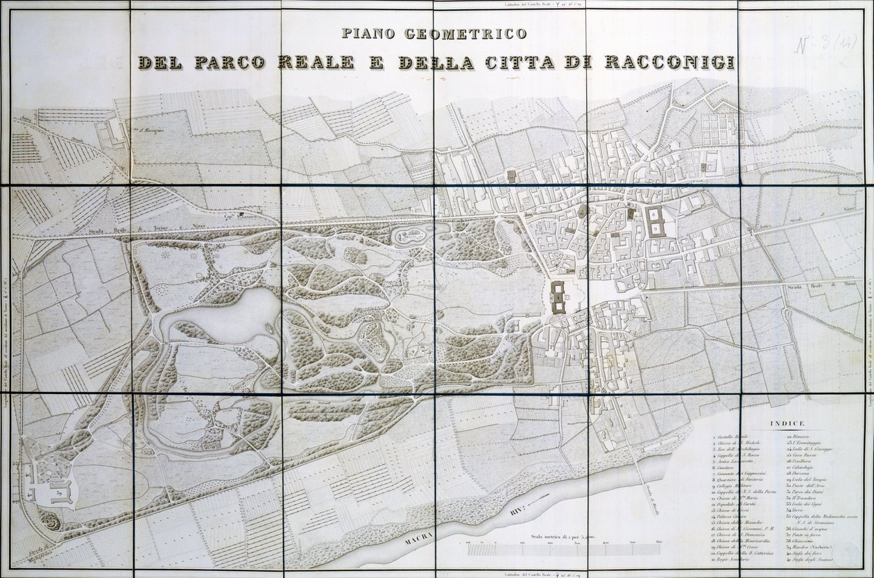 Plan van Park Royal en stad Racconigi door Pelagio Palagi