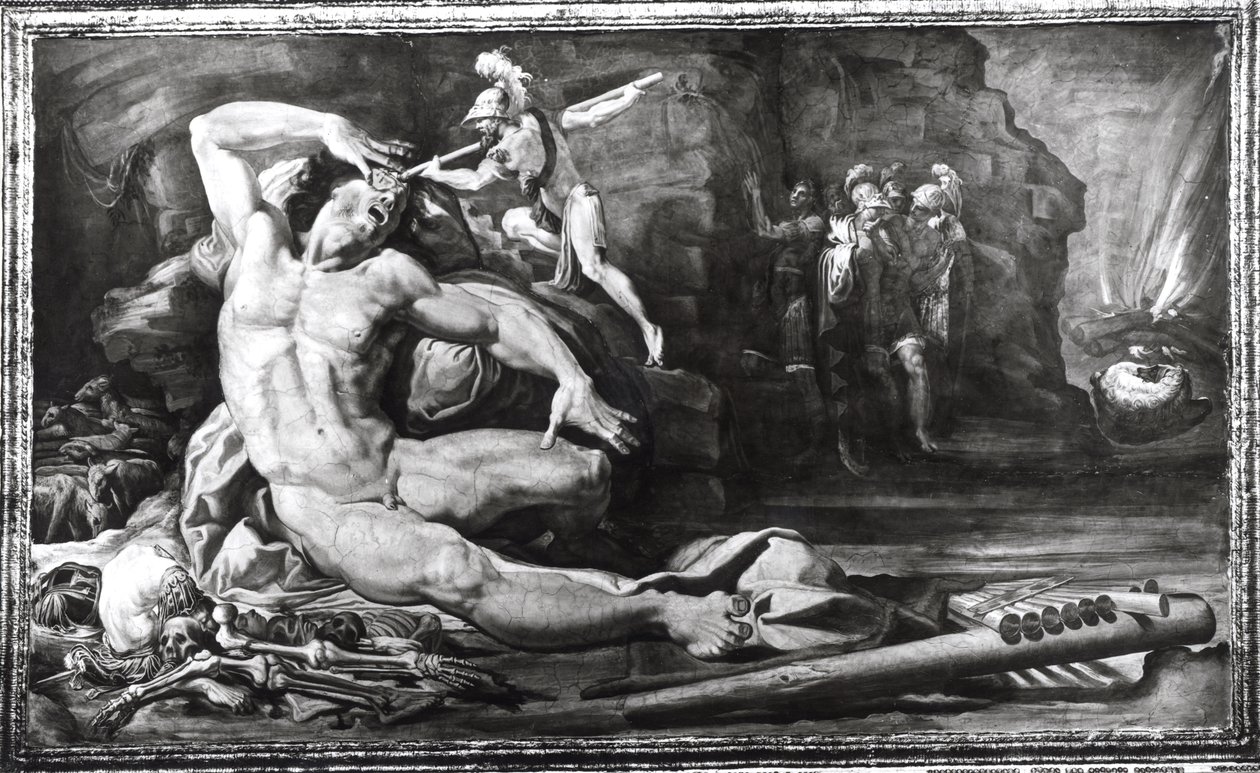 Ulysses Verblindt Polyphemus de Cycloop, fries die scènes uit de Quests van Ulysses voorstelt door Pellegrino Tibaldi