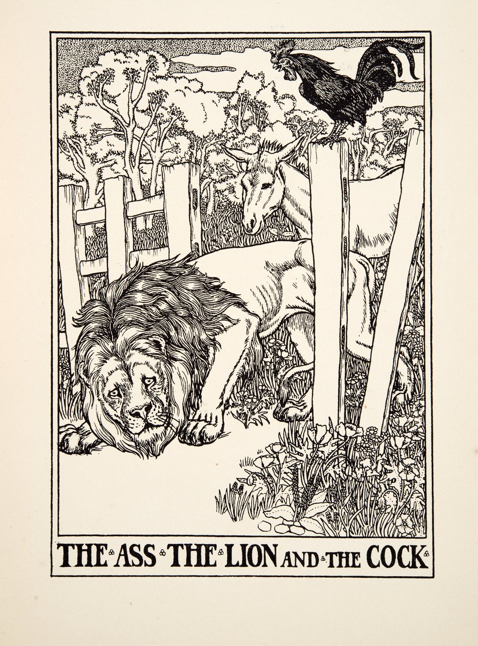De ezel, de leeuw en de haan, uit Honderd fabels van Aesopus, uitgegeven 1903 door Percy J. Billingshurst