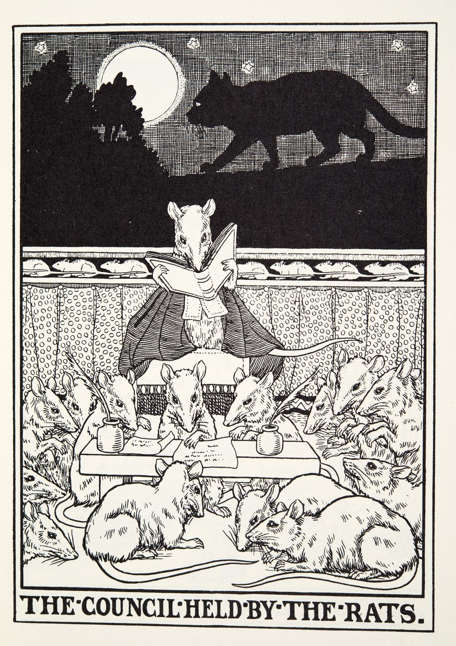 De raad gehouden door de ratten, uit Fontaine Fabels, uitgegeven 1905 door Percy J. Billingshurst