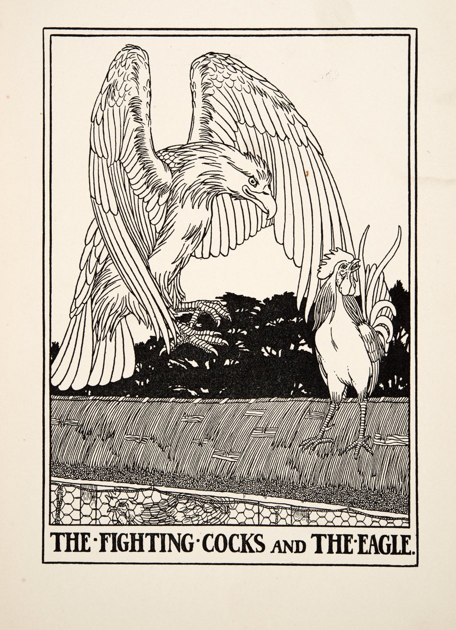 De vechtende hanen en de adelaar, uit Honderd fabels van Aesopus, uitgegeven 1903 door Percy J. Billingshurst