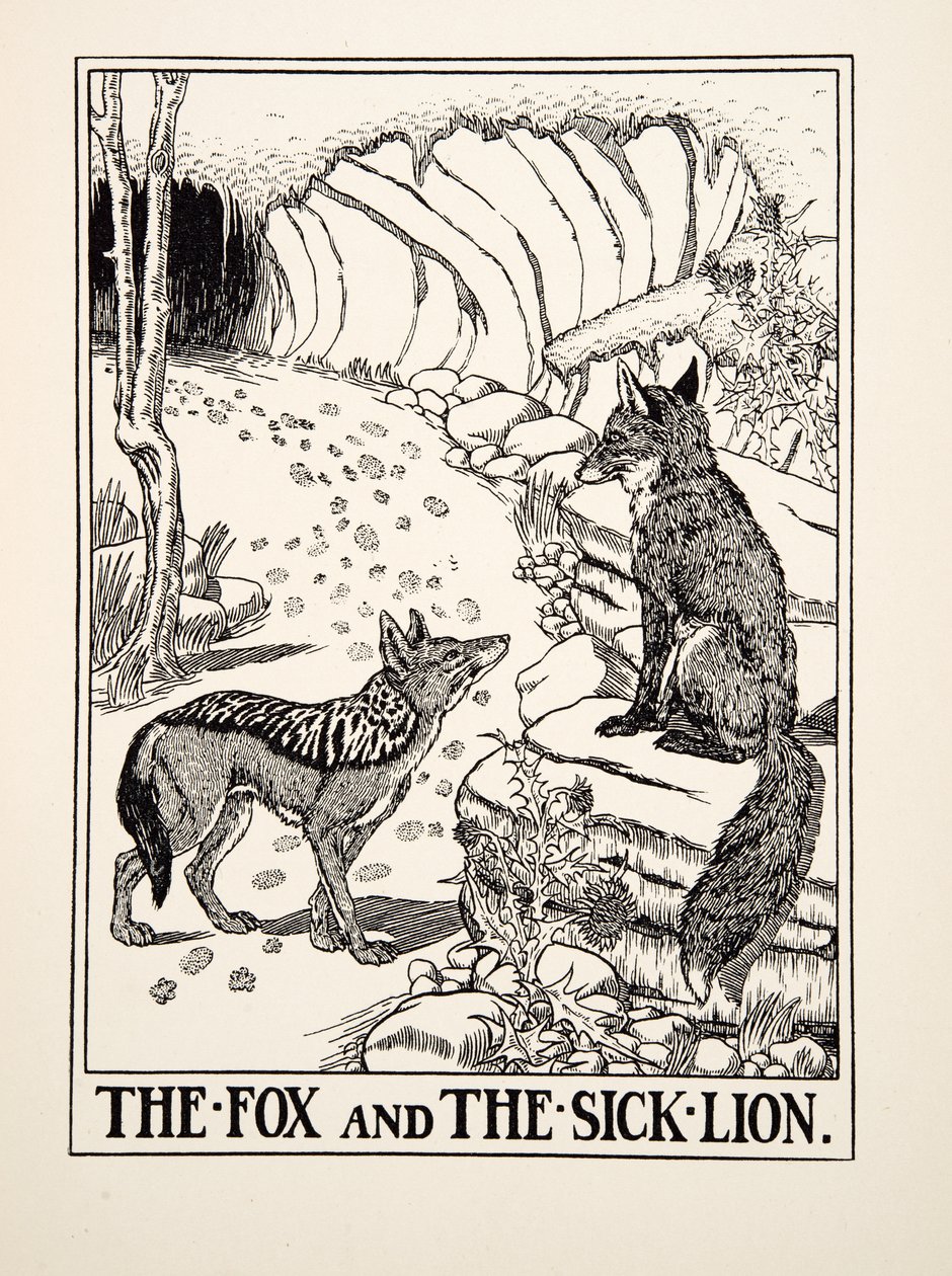 De Vos en de Zieke Leeuw, uit Honderd Fabels van Aesopus, uitgegeven 1903 (gravure) door Percy J. Billingshurst