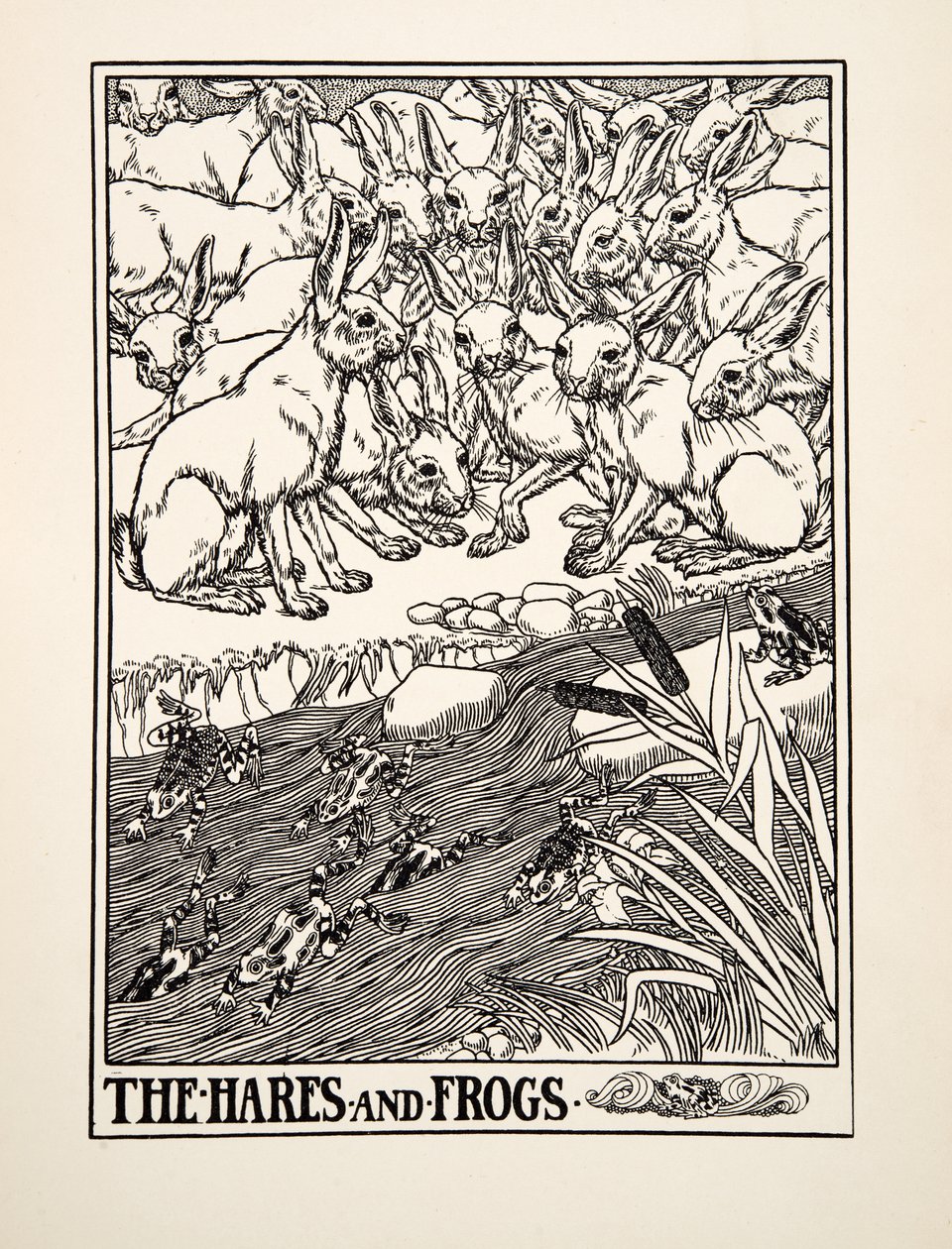 De hazen en de kikkers, uit Honderd fabels van Aesopus door Percy J. Billingshurst