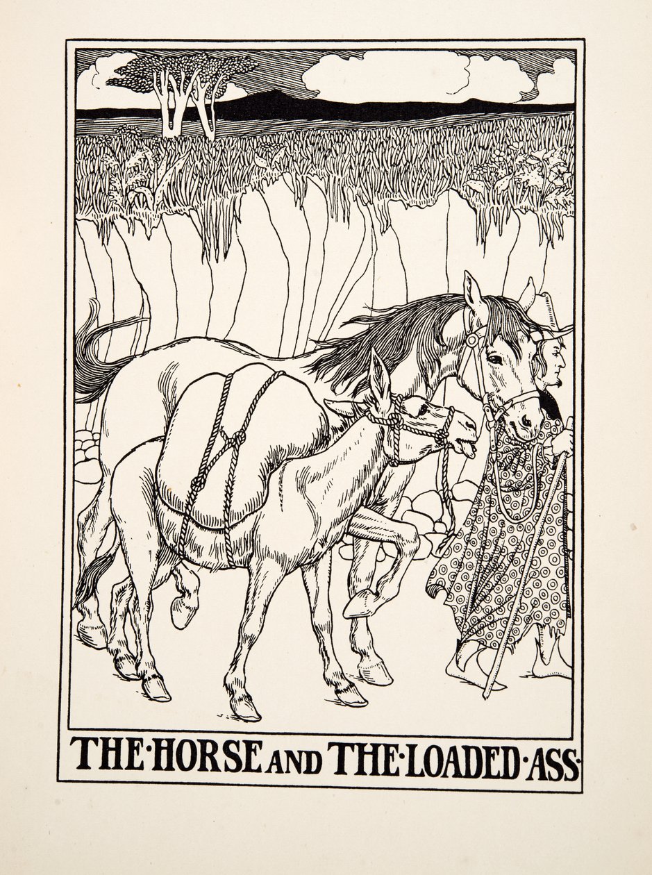 Het paard en de beladen ezel, uit A Hundred Fables of Aesop, uitgegeven 1903 (gravure) door Percy J. Billingshurst