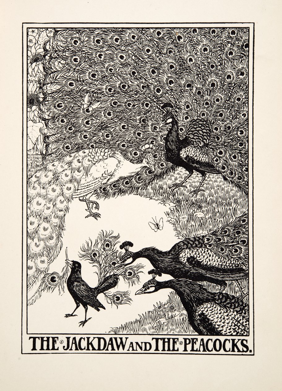 De kauw en de pauwen, uit Honderd fabels van Aesopus door Percy J. Billingshurst