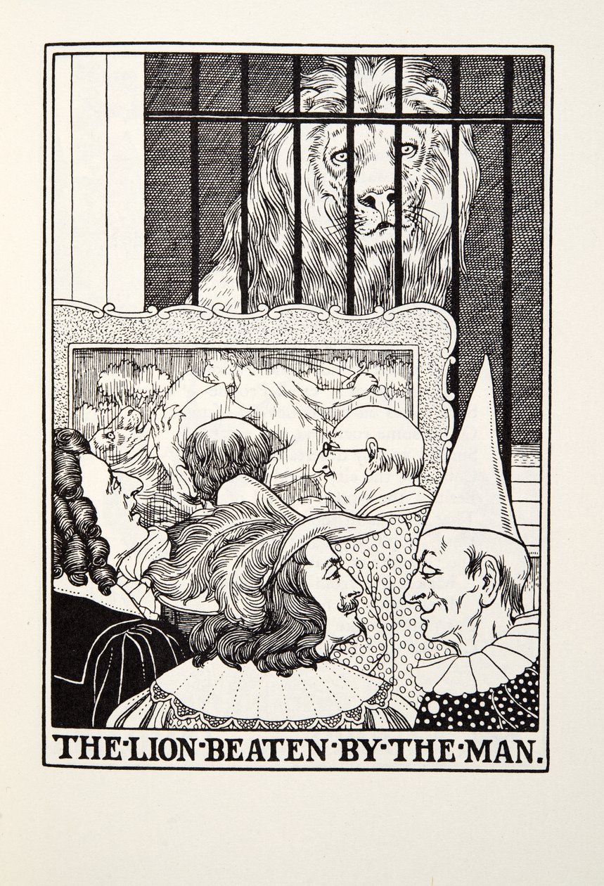 De leeuw verslagen door de man, uit Fontaine Fabels, uitgegeven 1905 door Percy J. Billingshurst