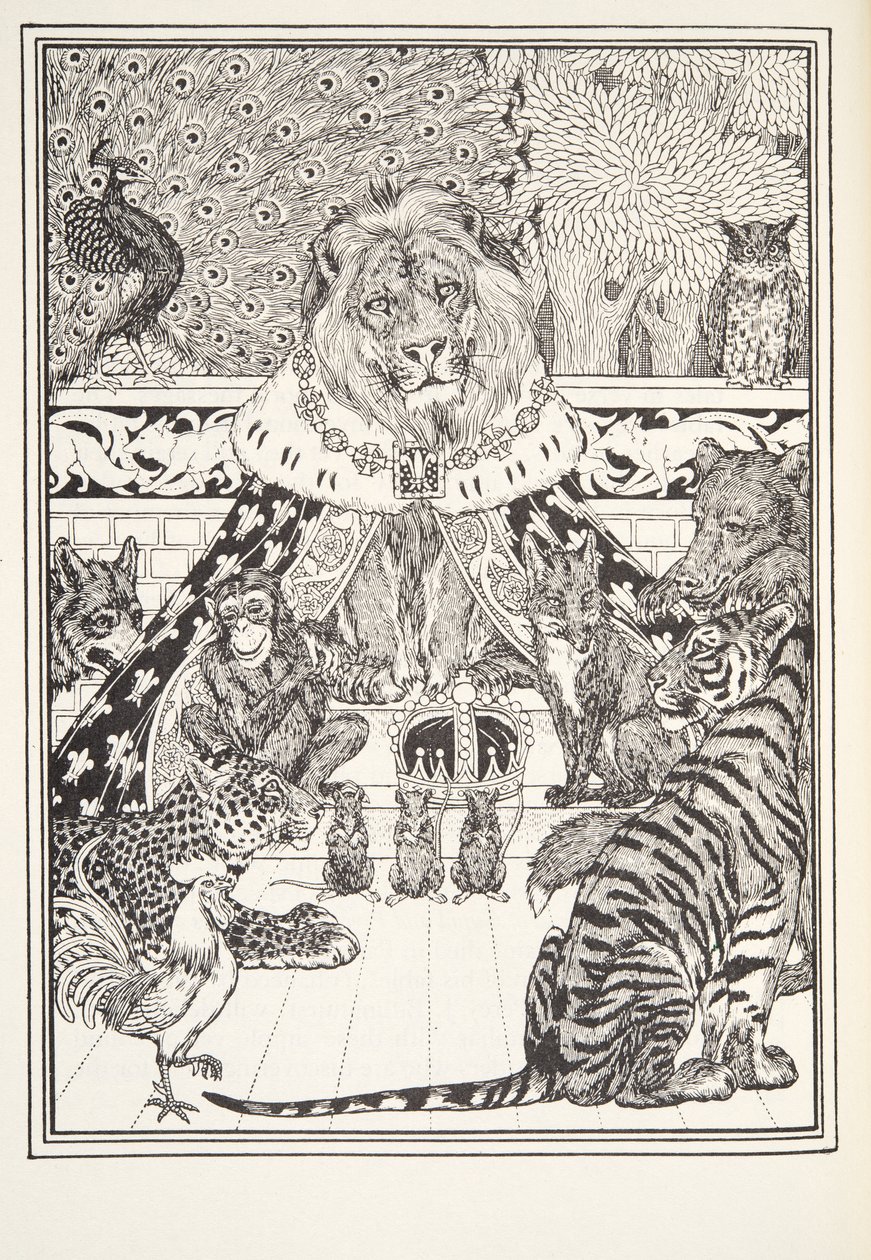 De Leeuw en zijn Metgezellen, Frontispice, uit Fontaine Fabels, uitgegeven 1905 door Percy J. Billingshurst