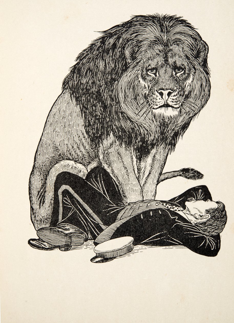 De leeuw en zijn verzorger, uit Honderd anekdotes van dieren, pub. 1924 door Percy J. Billingshurst