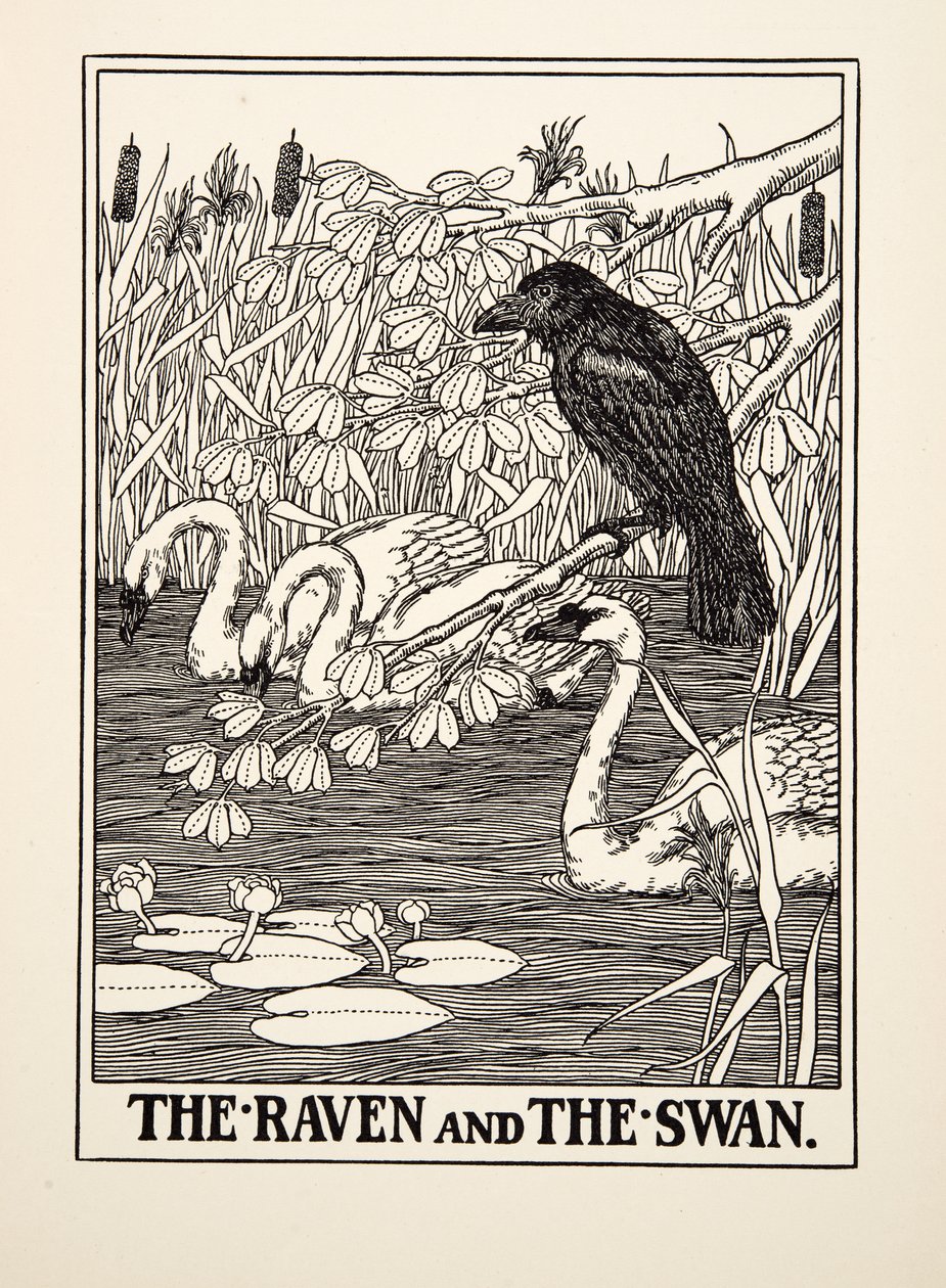 De raaf en de zwaan, uit Honderd fabels van Aesopus, uitgegeven 1903