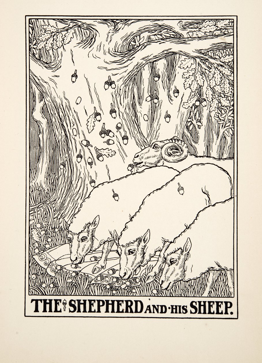 De herder en zijn schapen, uit Honderd fabels van Aesopus, pub. 1903 door Percy J. Billingshurst