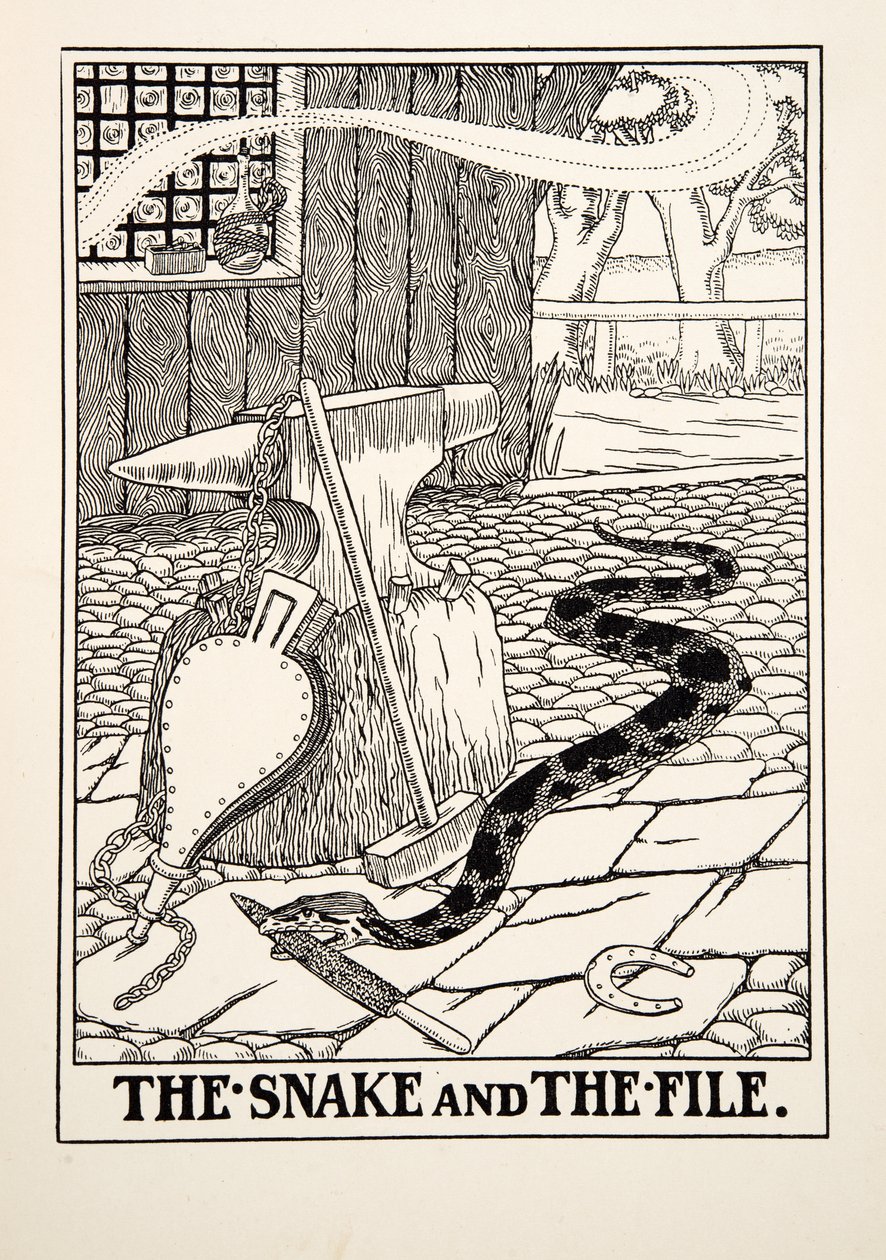 De Slang en de Vijl, uit Honderd Fabels van Aesopus, uitgegeven 1903 (gravure) door Percy J. Billingshurst