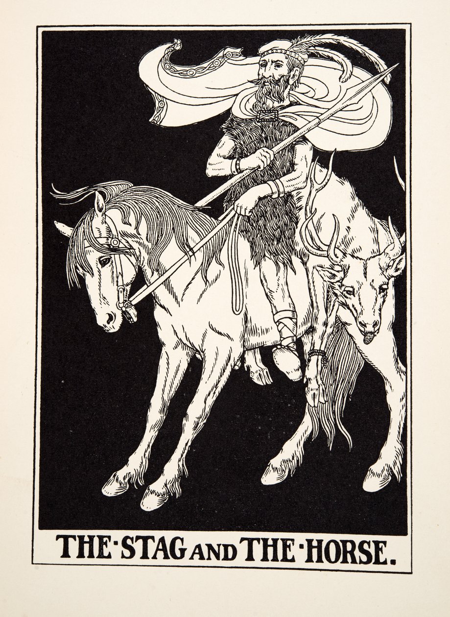 Het Hert en het Paard, uit Honderd Fabels van Aesopus, uitgegeven 1903 (gravure) door Percy J. Billingshurst