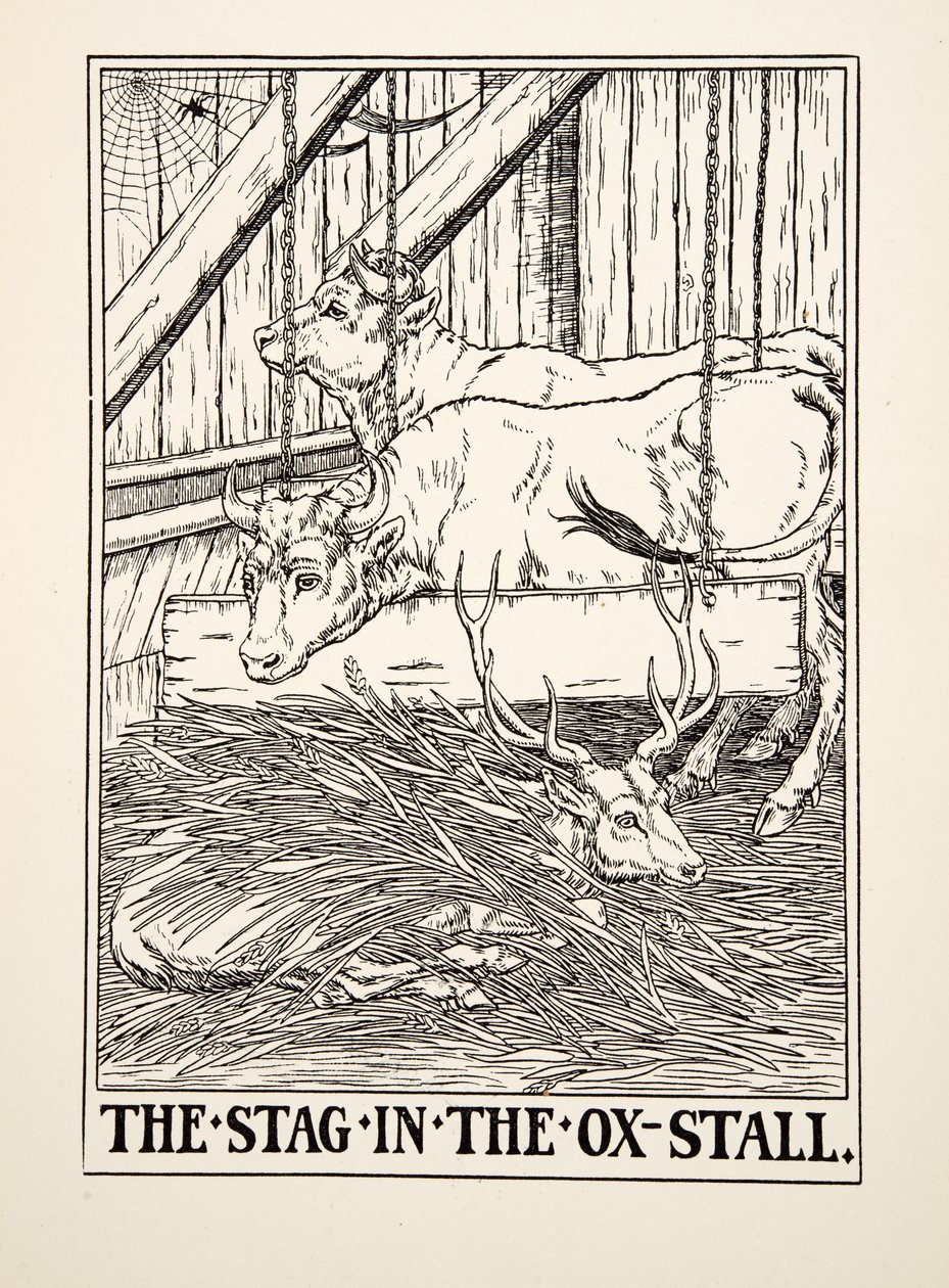Het Hert in de Osstal, uit Honderd Fabels van Aesopus, uitgegeven 1903 (gravure) door Percy J. Billingshurst