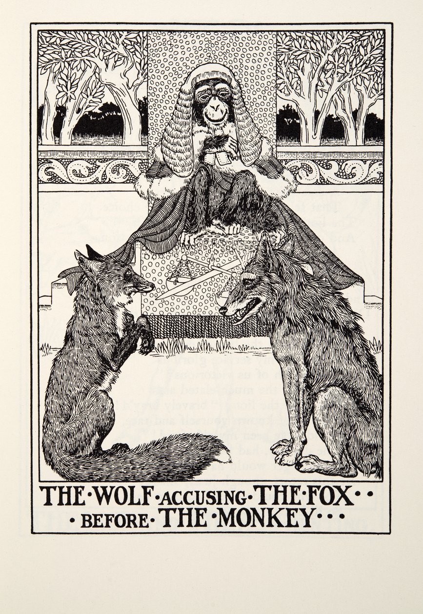 De Wolf Beschuldigt de Vos voor de Aap, uit Fontaine Fabels, uitgegeven 1905 door Percy J. Billingshurst