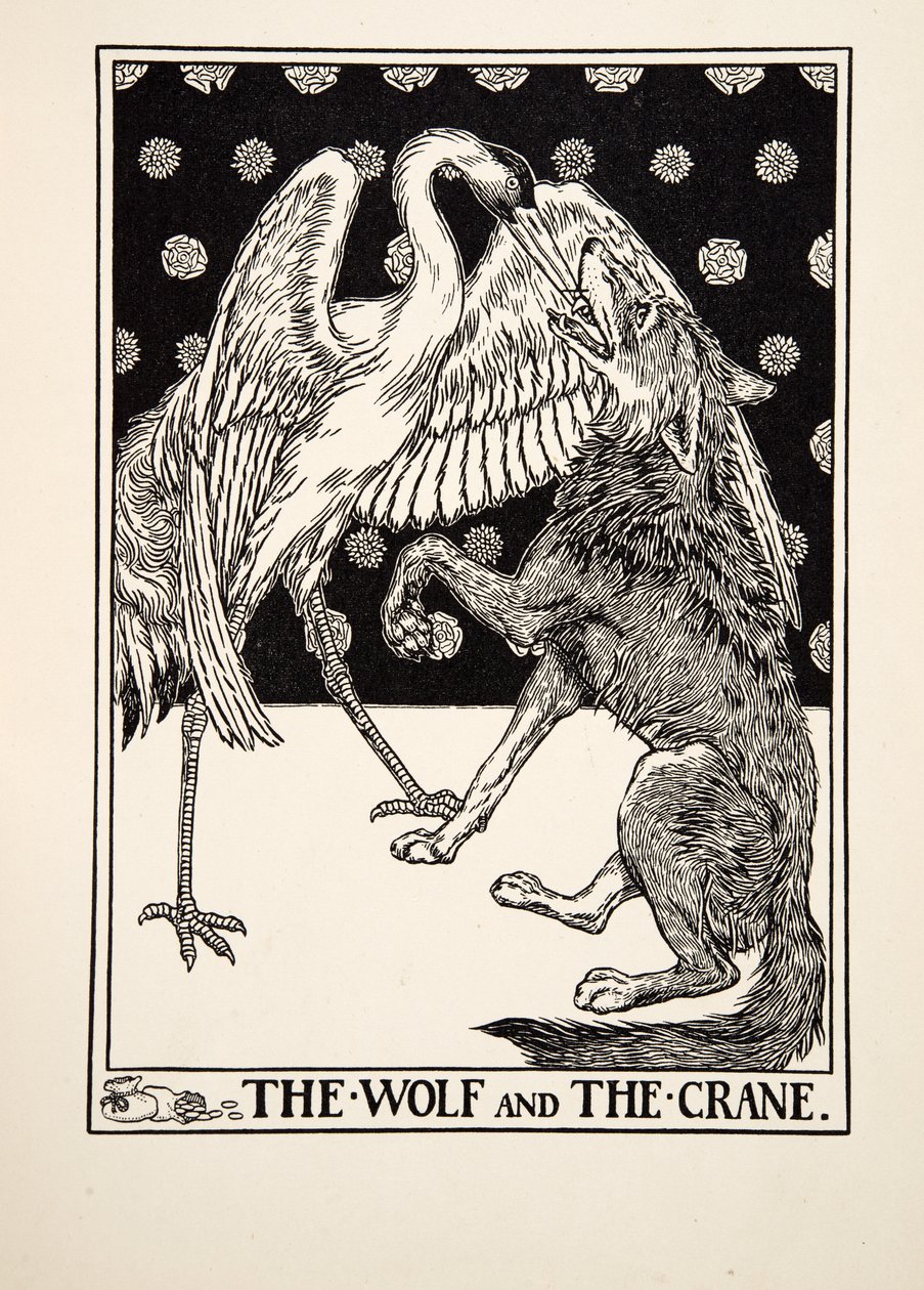 De wolf en de kraanvogel, uit Honderd fabels van Aesopus door Percy J. Billingshurst