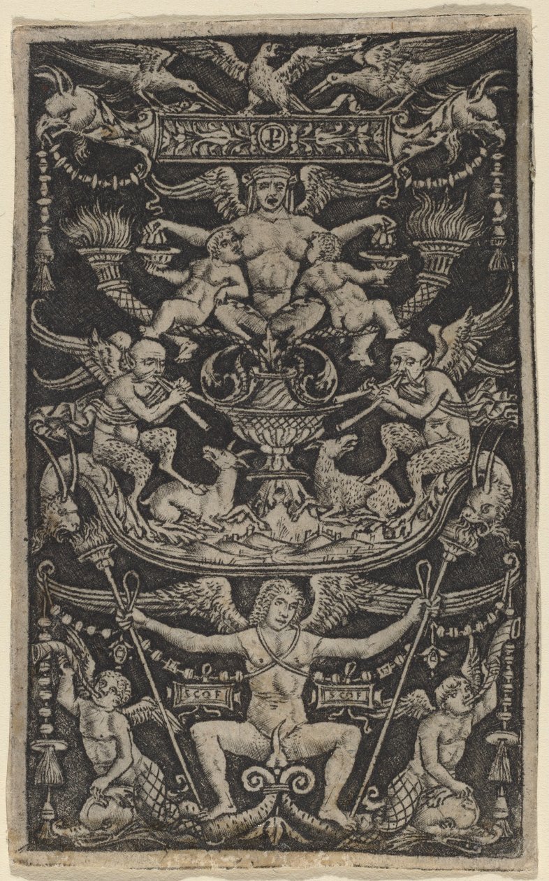 Paneel van ornament met een satyresse die twee kinderen voedt door Peregrino da Cesena