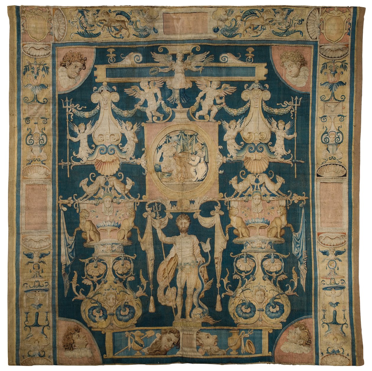 Allegorisch wandtapijt met Neptunus uit de Doria Grotesken serie, met een centraal figuurlijk rondel boven Poseidon, Brussel, ca. 1545-50 door Perino del Vaga