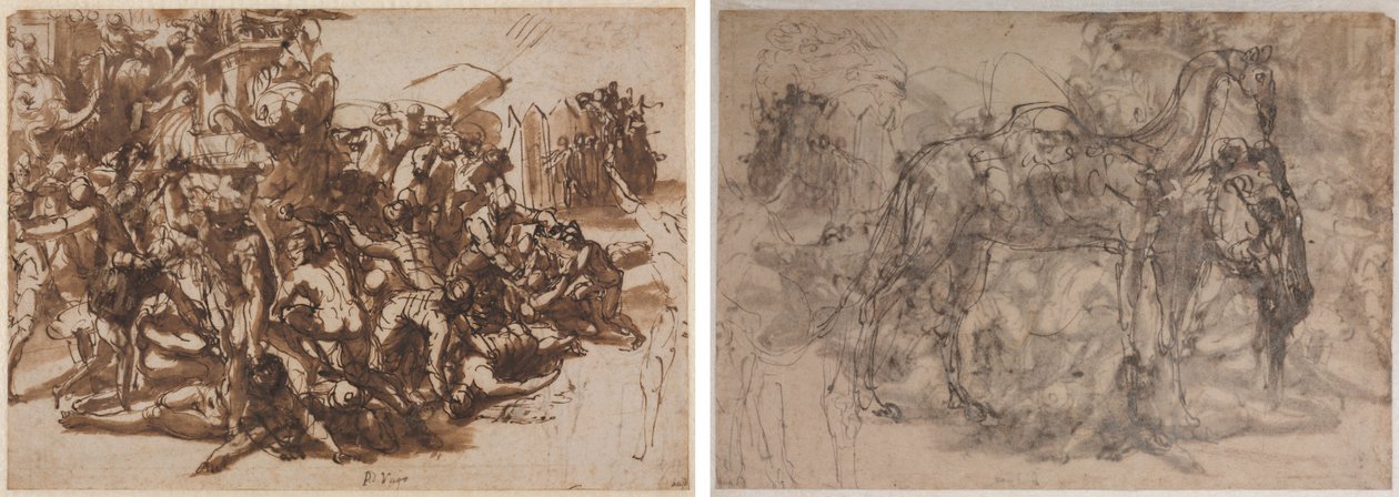 Poros aangevallen door het Macedonische leger (recto); Schetsen van dieren (verso) door Perino del Vaga