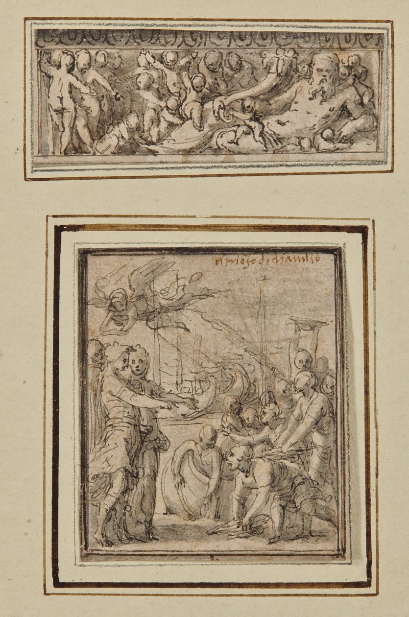 Riviergod omringd door Putti; en Triomf van Marcus Furius Camillus door Perino del Vaga
