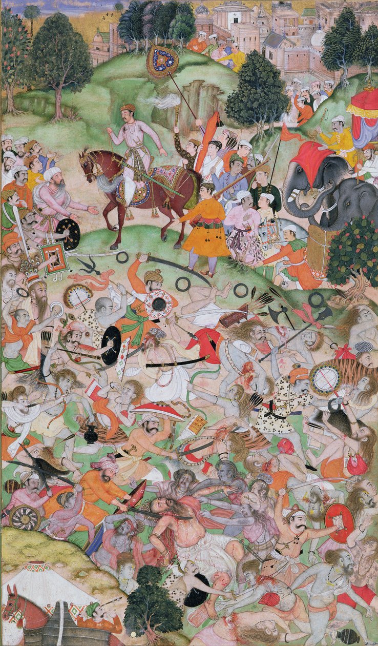 Akbar helpt bij de ruzie van de asceten, uit de Akbarnama, Mughal, ca. 1590-95 (dekkende wc & goud op papier) door Persian School