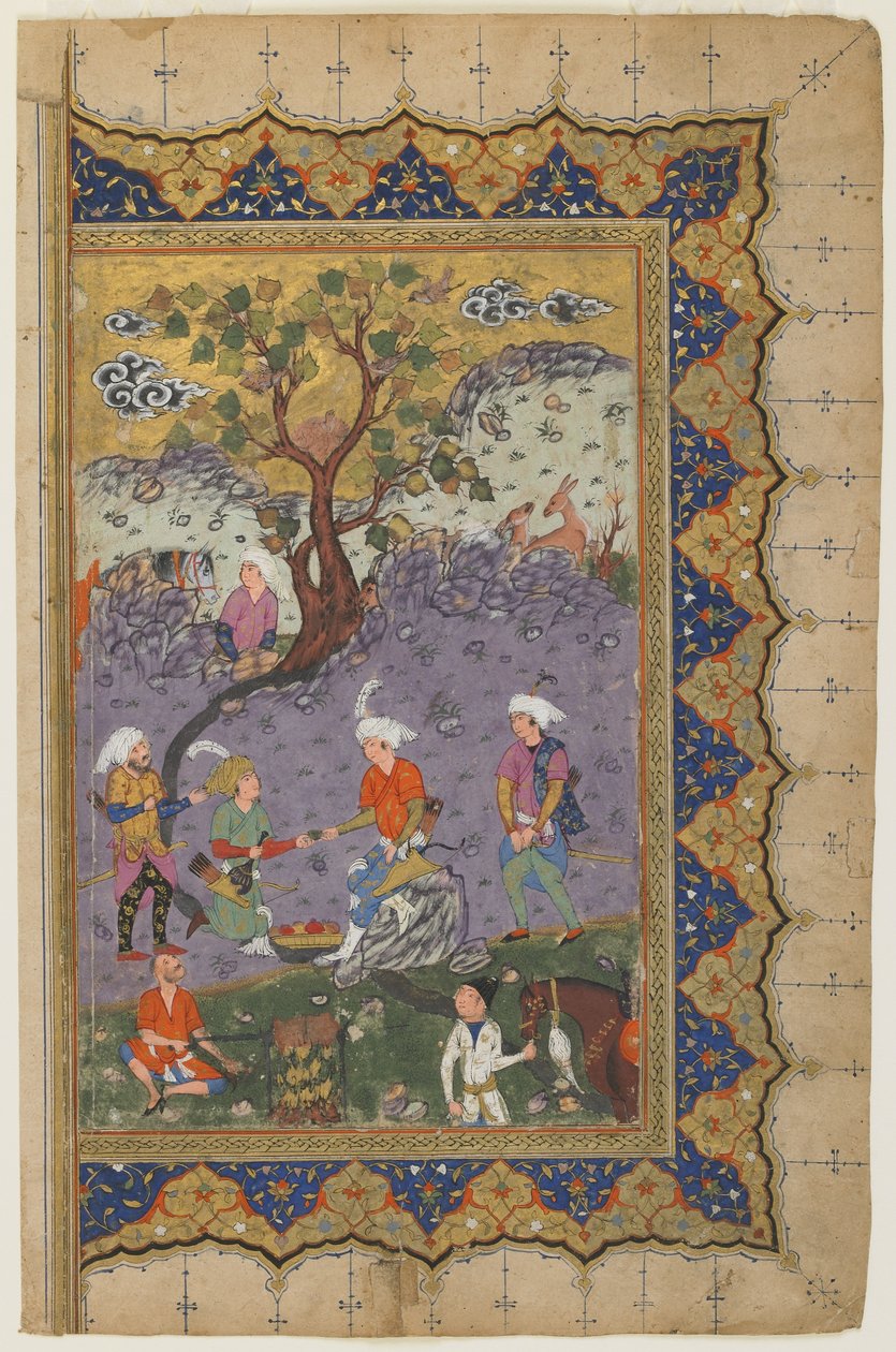 Een prins gezeten in een landschap met bedienden, ca. 1600 door Persian School