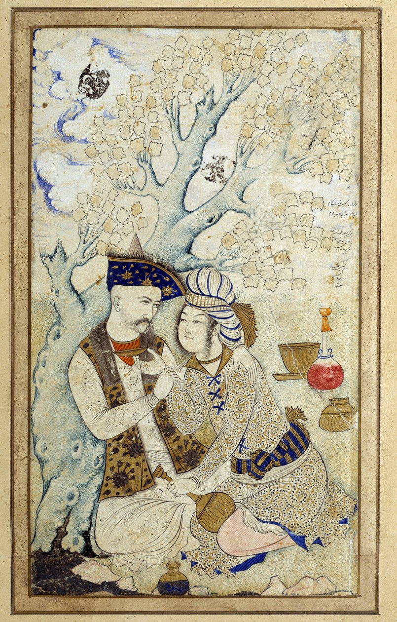 Islamitische kunst: Portret van Shah Abbas I die een van zijn pages omhelst door Persian School