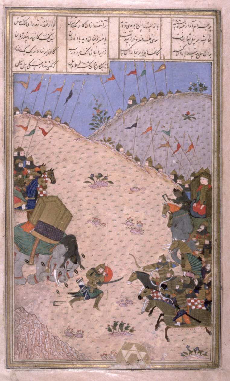 Bahram Chubina, zijn Olifant Gedood, Vechten te Voet, illustratie uit de Shahnama (Boek der Koningen) door Abul-Qasim Manur Firdawsi, ca. 1440-45 door Persian School