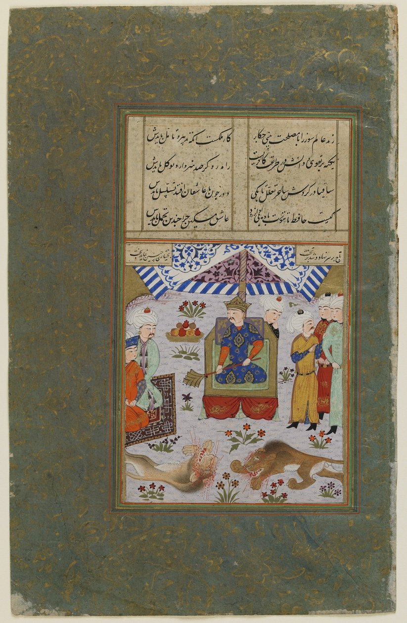 Bahram Gur tronend na het doden van de leeuwen, ca. 1490 (dekkende aquarel, inkt en goud op papier) door Persian School