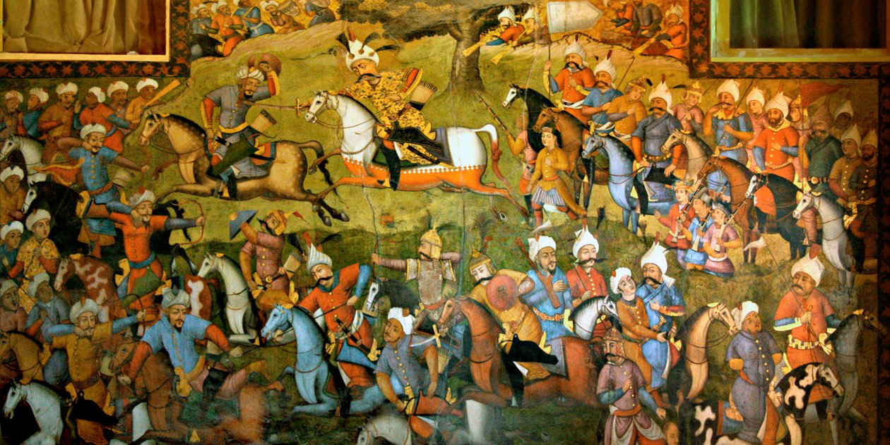 Slag bij Taher-Abad of Slag bij Merv met overwinning van Shah Ismail I op Muhammad Shaybani Khan, Ontvangsthal, Chehel Sotun, 1647 door Persian School