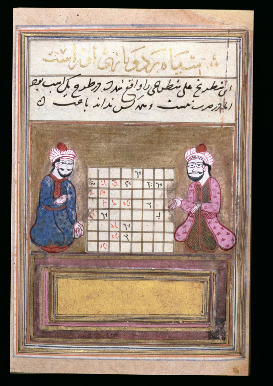 Schaakspelers, pagina uit een Verhandeling over Schaken, vroege Safavid (inkt op papier) door Persian School
