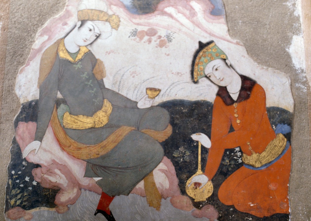 Vrouwelijke figuren met glas en fles door Persian School