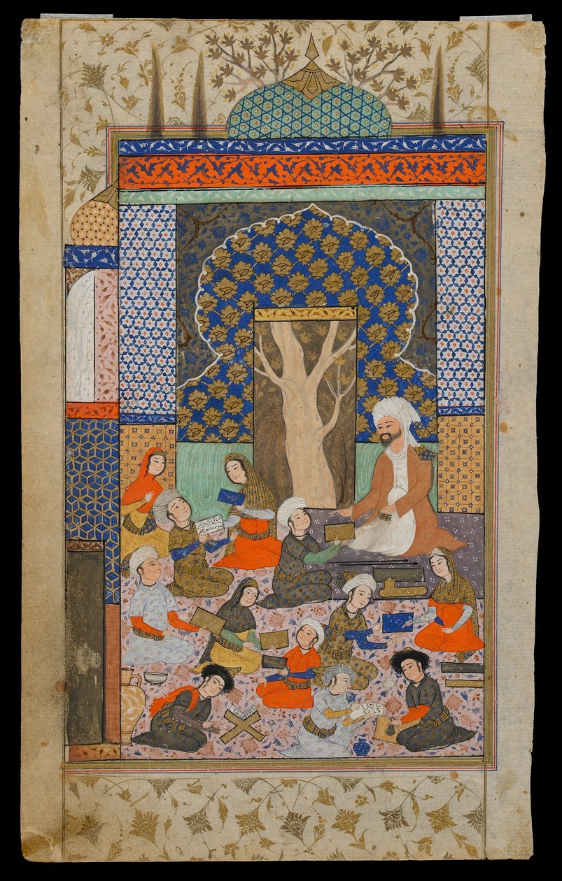 Folio uit een Khamsa (Kwintet) door Nizami; recto: Layla en Majnun op school, Iran, Safavid periode, ca.1600-10 door Persian School