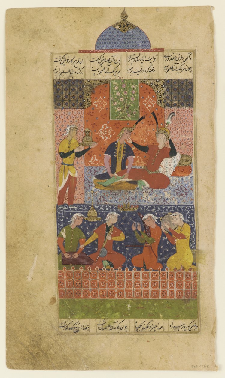 Folio uit een Khamsa: Bahram Gur en de prinses in het rode paviljoen, ca. 1560 door Persian School