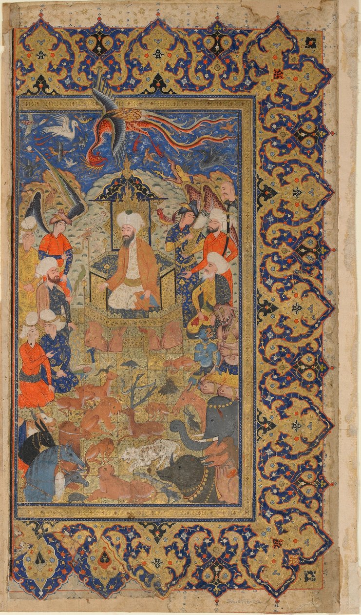 Folio uit Shahnama (Boek der Koningen) door Firdawsi; Sulayman op een troon door Persian School