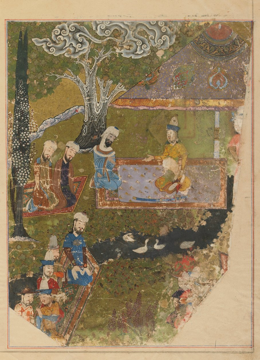 Folio uit een Zafarnama; verso: Timur verleent een audiëntie ter gelegenheid van zijn troonsbestijging in Balkh, Shiraz, Iran, Timurid periode door Persian School