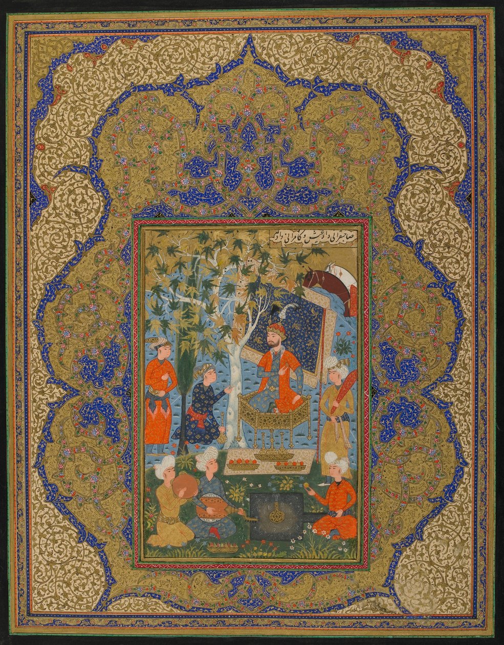 Folio uit een onbekende tekst; Een heerser op een troon door Persian School