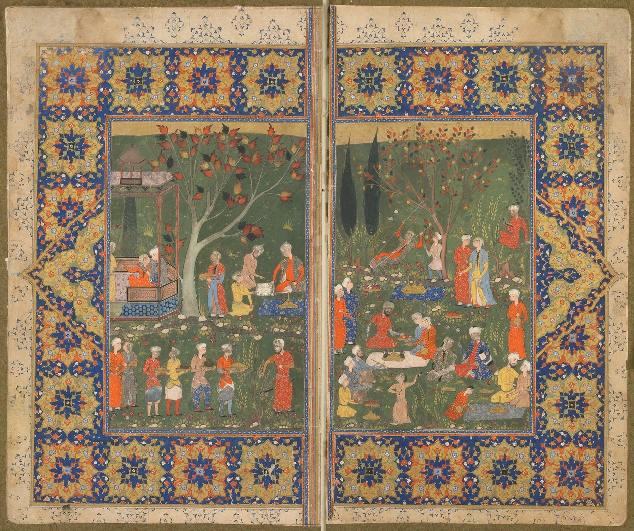 Folio uit een onbekende tekst; Een feest in een tuin door Persian School