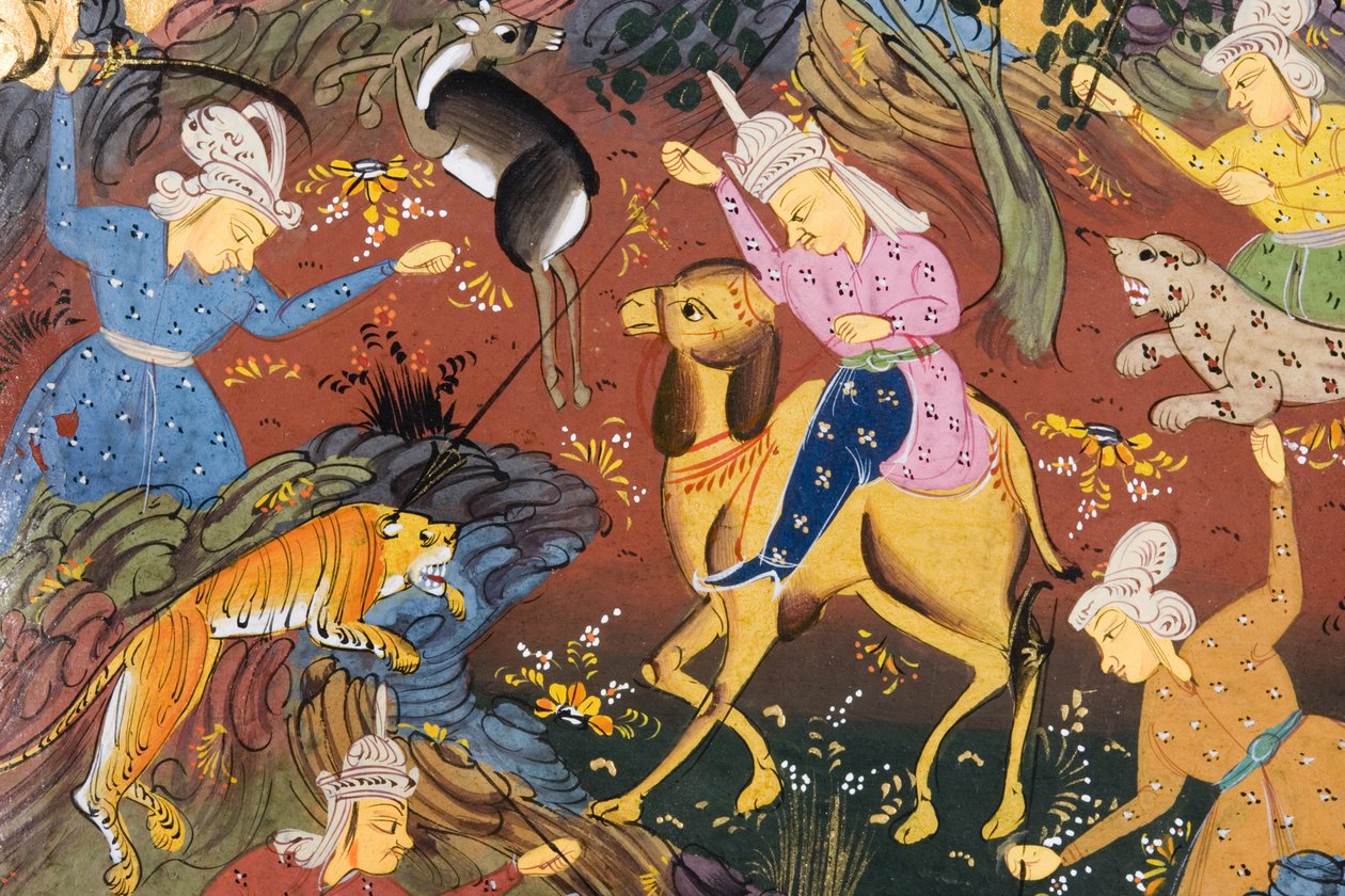 Jagers te paard en te voet die herten en tijgers doden (detail) door Persian School