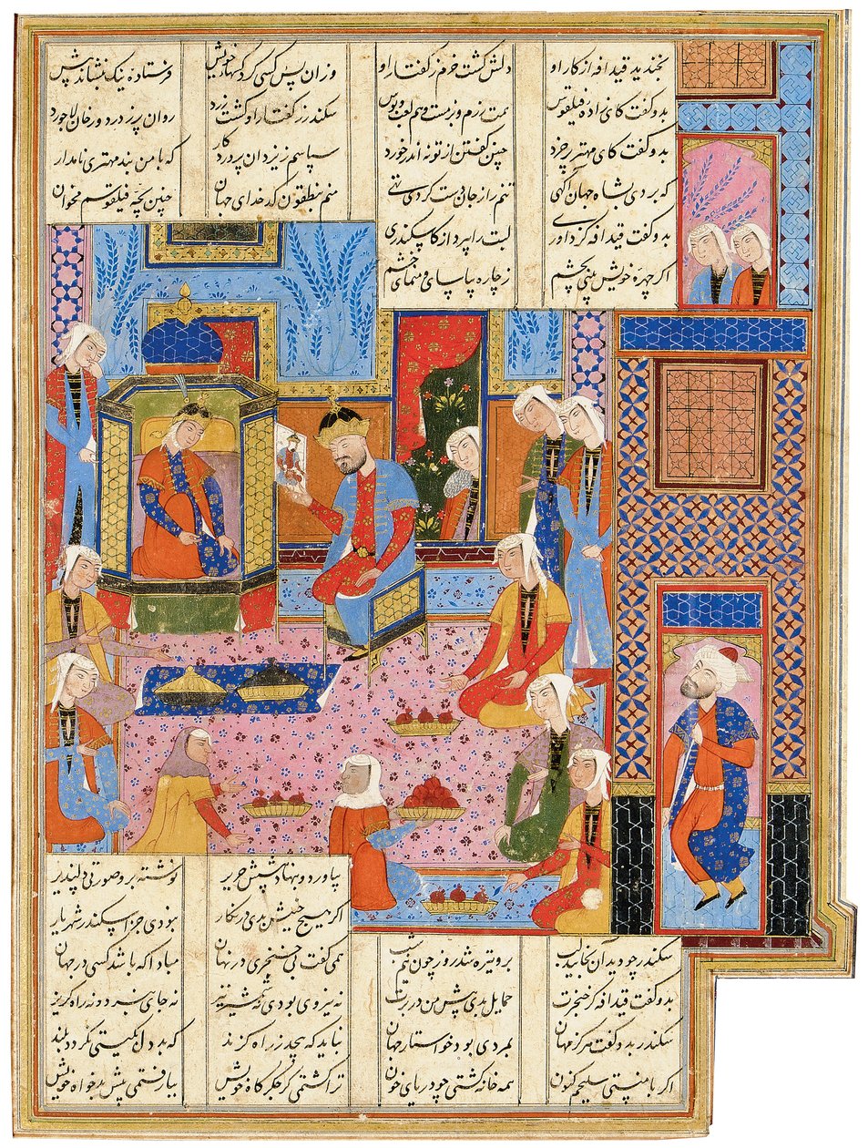 Illustratie uit een Safavid Shahnama: Alexander, vermomd als gezant, wordt herkend door koningin Nushaba, Shiraz, Iran, 1650-1700 door Persian School