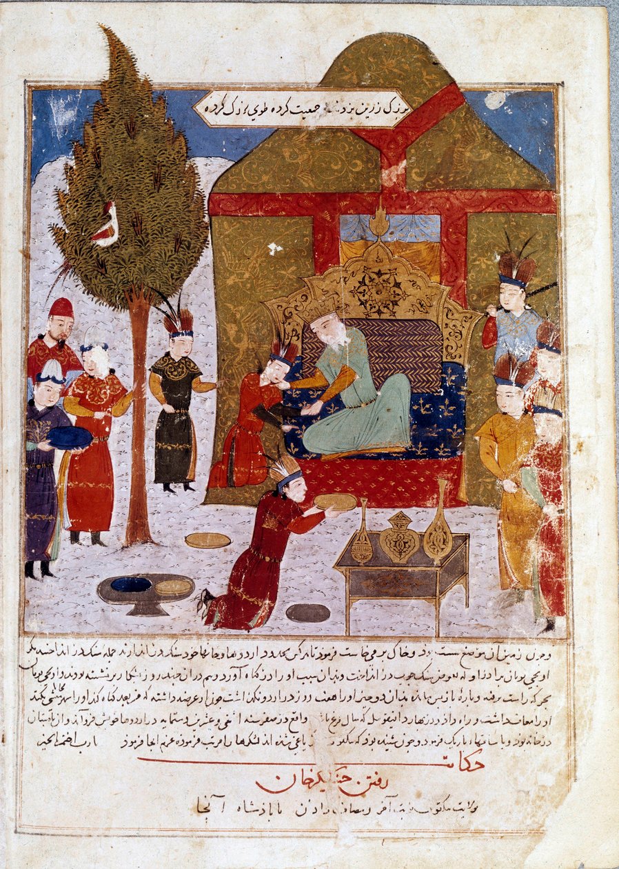 Mongoolse keizer Dzjengis Khan op zijn troon in een kamp nabij Ilmil met zijn kleinzonen Quibalai en Hule Gu door Persian School